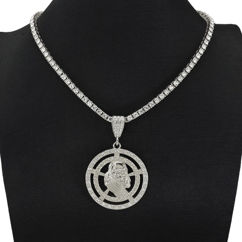 Hip Hop Iced Out Round Portrait Medallion Pendant Necklace Alloy Rhinestone Tennis Chain Men Women Streetwear Jewelry