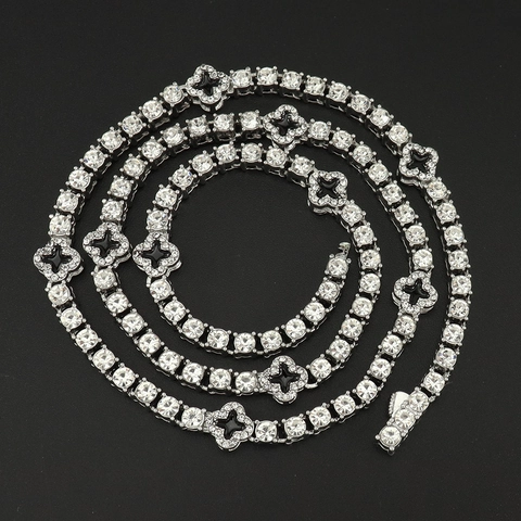Hip Hop Alloy Rhinestone Four Leaf Clover Necklace Unisex Silver Color Tennis Chain Cuban Link Choker Jewelry For Party Daily