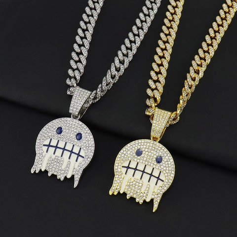 Collana con Pendente Faccia Emoji Effetto Scioglimento Hip Hop in Lega con Strass Maglia Cubana Gioielli per Uomo Donna