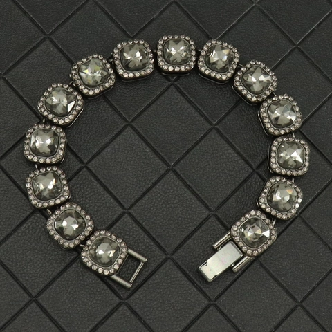 Hip Hop Gunmetal Alloy Bracelet With Square Grey Crystal And White Zirconia Iced Out Square Link Bracelet For Men Women Punk Jewelry Cool