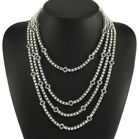 Hip Hop Alloy Rhinestone Four Leaf Clover Necklace Unisex Silver Color Tennis Chain Cuban Link Choker Jewelry For Party Daily