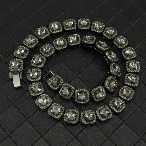 Hip Hop Gunblack Cuban Link Chain Necklace Bracelet Alloy Iced Out Square Grey Zirconia Rhinestone Streetwear Jewelry Unisex