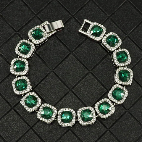 Luxe Legering Verzilverde Vierkante Smaragdgroen Zirkonia Halo Cubaanse Schakelketting Armband Voor Heren Dames Hip Hop Sieraden