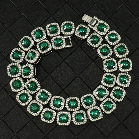 Luxe Legering Verzilverde Vierkante Smaragdgroen Zirkonia Halo Cubaanse Schakelketting Armband Voor Heren Dames Hip Hop Sieraden