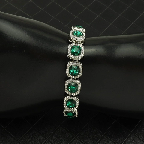 Hip Hop Link Chain Bracelet Alloy Silver Plated Green Square Rhinestone Emerald Style Halo Jewelry For Streetwear Party Unisex