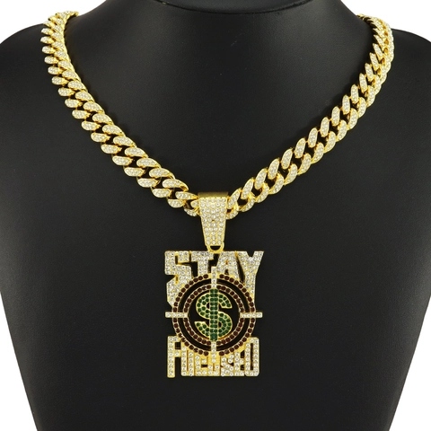 Hip Hop Iced Out Zinklegering Hanger Halsketting Stay Focused Slogan Dollarteken Doelpatroon Strass Cubaanse Schakelketting Sieraden