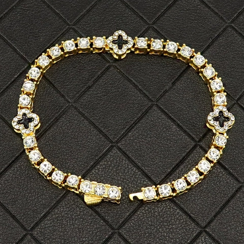 Lussuoso Braccialetto Tennis in Lega di Zirconia Con Design a Quadrifoglio Nero Placcato Oro Argento Gioielli in Smalto per Uomo Donna