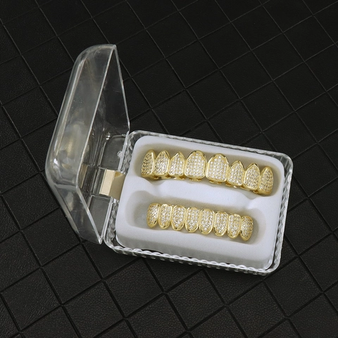 Hiphop Grillz Teeth Micro Pave Zircon Gold Silver Plated Copper Tooth Caps Iced Out Jewelry For Men Women Party