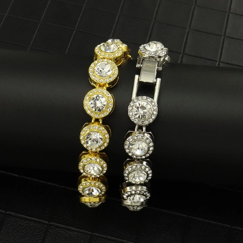 Pulsera Tennis de Lujo con Strass Redondos Aleación Bañada en Oro Plata Iced Out Hip Hop Bling Pulsera de Cadena para Hombre Mujer Joyería