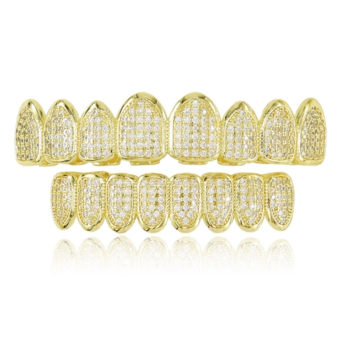 Hiphop Grillz Teeth Micro Pave Zircon Gold Silver Plated Copper Tooth Caps Iced Out Jewelry For Men Women Party