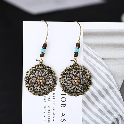 Orecchini Pendenti Vintage Bohemien in Lega Fiore Cavo Con Perline di Legno Turchese Gioielli Etnici Bronzo per Donna