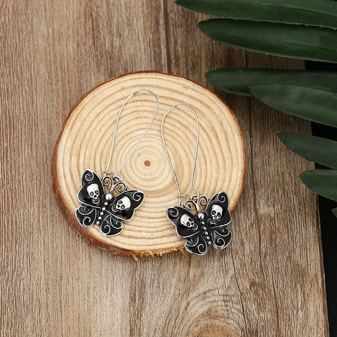 Gothic Schmetterling Totenkopf Ohrringe Mit Schwarz Emaille Legierung Lange Haken Schmuck Für Halloween Party Geschenk Unisex