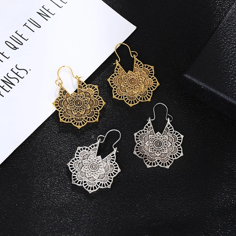 Vintage Bohemian Mandala Blume Ohrringe Antik Gold Silber Legierung Rose Floral Ethno Ohrhaken Schmuck Für Damen