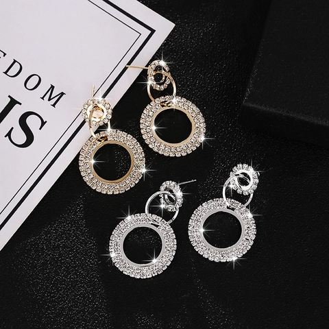 Moderni Orecchini a Bottone a Cerchio Geometrico in Lega Con Perno in Argento Sterling 925 Intarsiato di Strass Oro Argento
