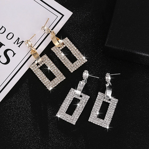 Westliche Mode Übergroße Strass Rechteck Hängeohrringe Lange Pave Kristall Ohrstecker Legierung Edelstahl Damen Schmuck