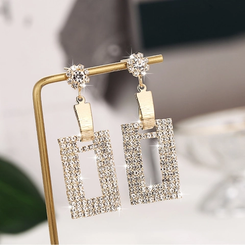 Westliche Mode Übergroße Strass Rechteck Hängeohrringe Lange Pave Kristall Ohrstecker Legierung Edelstahl Damen Schmuck