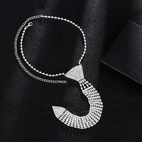 Fashion Luxurious Alloy Rhinestone Tie Shape Necklace Silver Glittering Crystal Necktie Choker For Women Wedding Party Jewelry