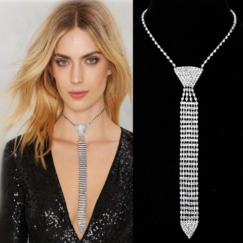 Fashion Luxurious Alloy Rhinestone Tie Shape Necklace Silver Glittering Crystal Necktie Choker For Women Wedding Party Jewelry