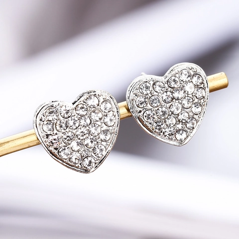 Sparkling Rhinestone Heart Shaped Stud Earrings Silver Plated Alloy Elegant Jewelry For Women Daily Dating Fashion Accessory