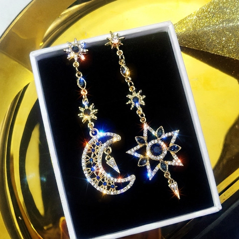 Orecchini a Goccia Asimmetrici Luna Stella Con Perno in Argento Sterling 925 Lega Strass Blu Nappa Lunga Gioielli