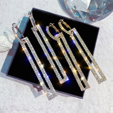 Fashion Rectangle Pave Rhinestone Long Drop Earrings 925 Sterling Silver Earring Post Geometric Dangle Earrings For Women Jewelry