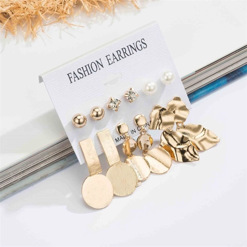 Luxury Gold Alloy Earrings Geometric Round Irregular Metal Studs Faux Artificial Pearl Rhinestone Elements Fashion Jewelry For Women