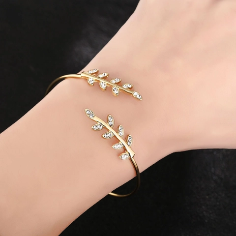 Bracciale Rigido Aperto Foglia in Lega di Strass Minimalista alla Moda Bracciale Regolabile a Forma di Ramo Oro Argento Gioielli Donna