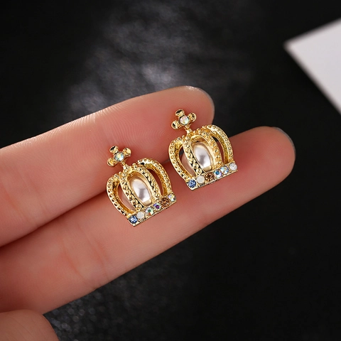 European Style Fashion Crown Stud Earrings With Artificial Pearl And Colorful Rhinestones Gold Alloy Jewelry For Women