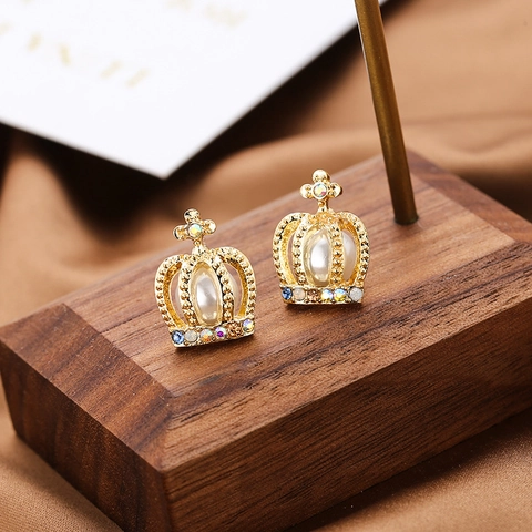 European Style Fashion Crown Stud Earrings With Artificial Pearl And Colorful Rhinestones Gold Alloy Jewelry For Women