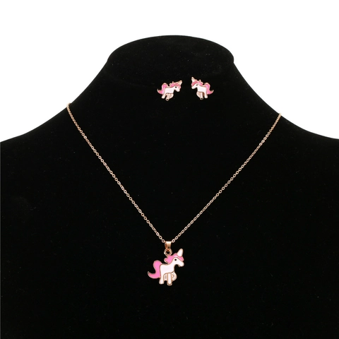 Cute Cartoon Unicorn Jewelry Set For Women Kids Gold Plated Alloy Enamel Drip Oil Animal Pendant Necklace And Stud Earrings