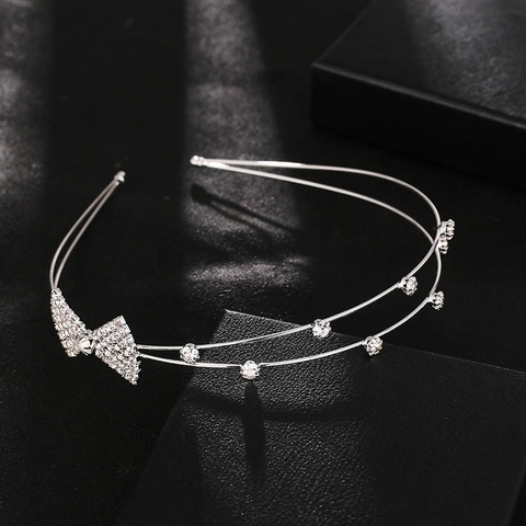 Elegante Diadema de Doble Capa con Lazo de Strass Aleación de Zinc Diadema Metálica Cristal Brillante Accesorios para el Cabello de Novia Boda Fiesta Mujer