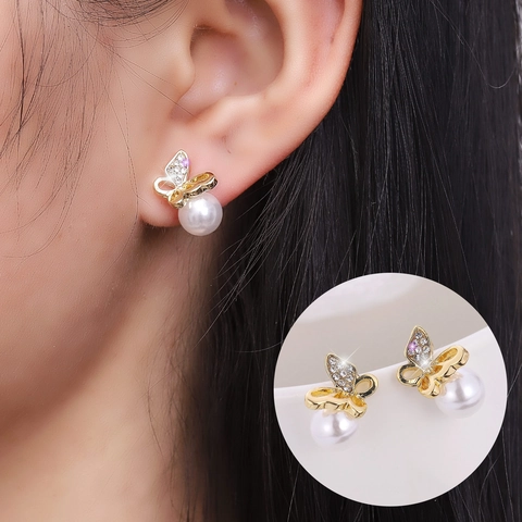 Eleganti Orecchini a Bottone a Farfalla in Lega Con Perla Artificiale e Decorazione in Strass Perno in Acciaio Inossidabile Gioielli Donna