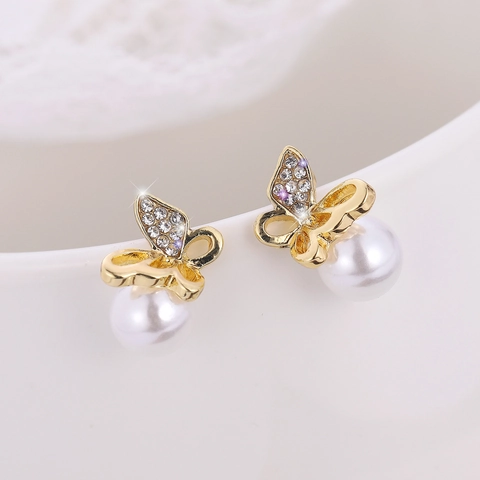 Eleganti Orecchini a Bottone a Farfalla in Lega Con Perla Artificiale e Decorazione in Strass Perno in Acciaio Inossidabile Gioielli Donna