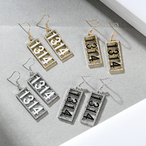Fashion Alloy 1314 Number Rectangle Drop Earrings For Women Rhinestone Inlaid Drip Oil Geometric Earrings With Stainless Steel Post