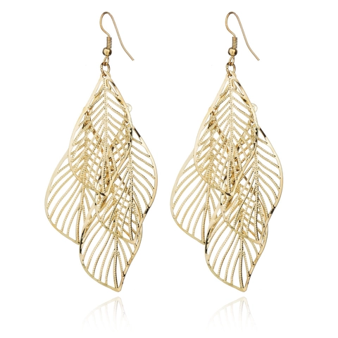 Vintage Bohemian Multi-Layered Hollow Leaf Drop Earrings Alloy Metal Leaf Pendants With Stainless Steel Earring Post Jewelry