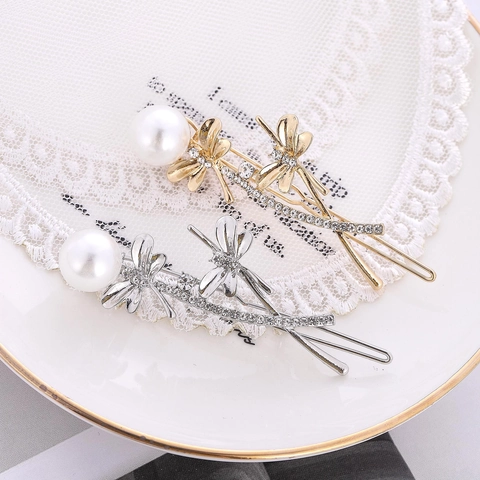 Elegante Fermaglio per Capelli a Forma di Libellula in Lega Con Perla Artificiale Strass Oro Argento Accessori Moda Donna