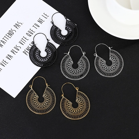 Bohemian Vintage Hohl Metall Creolen Für Damen Antik Gold Silber Schwarz Retro Geometrische Statement Hängeohrringe Schmuck