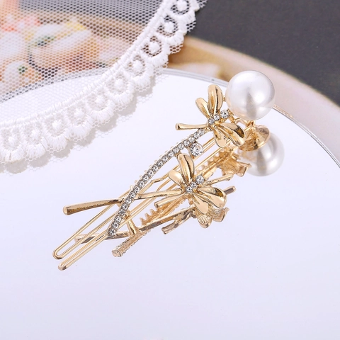 Elegante Fermaglio per Capelli a Forma di Libellula in Lega Con Perla Artificiale Strass Oro Argento Accessori Moda Donna