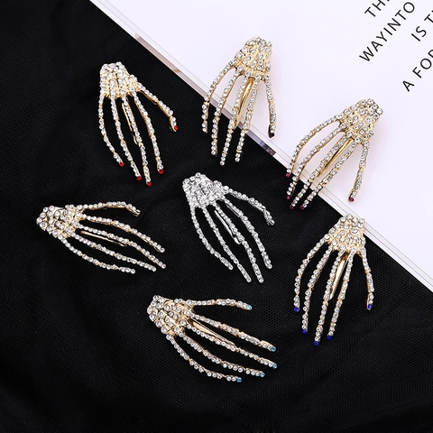 Pinza para el Pelo Gótica de Aleación con Forma de Mano de Esqueleto para Mujer Pinza de Pico de Pato con Diamantes de Imitación para Halloween