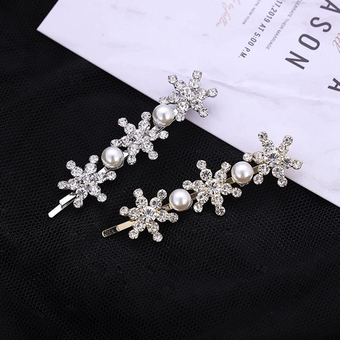 Elegante Fermaglio per Capelli Fiocco di Neve in Lega con Strass Perla Artificiale Clip Laterale Oro Argento Accessori per Capelli