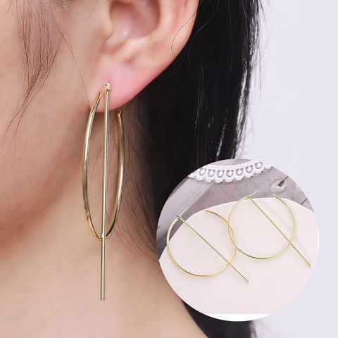 European American Geometric Round Hoop Earrings With Vertical Bar For Women Minimalist Metal Electroplated Jewelry Accessory
