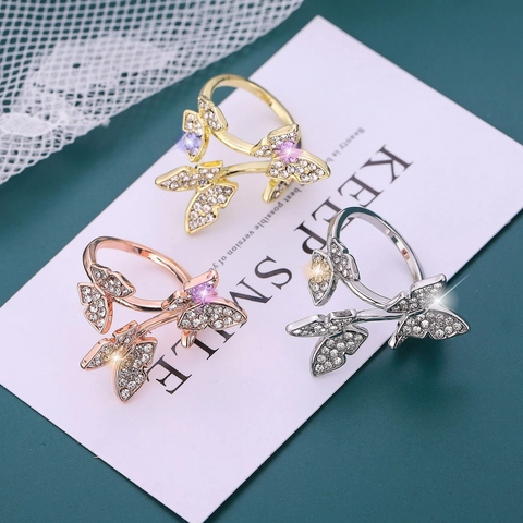 Fashion Butterfly Rhinestone Open Ring For Women Copper Electroplated Adjustable Rhinestone Sparkly Animal Ring Jewelry Gift