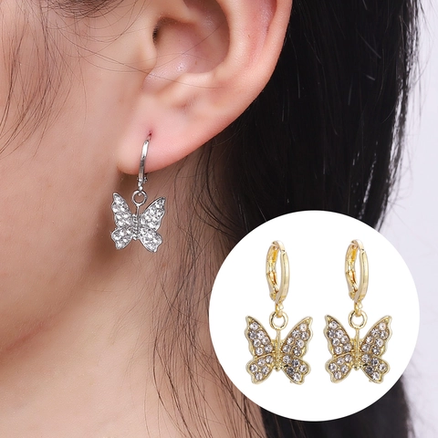 Mode Legierung Strass Schmetterling Anhänger Creolen Mit Edelstahl Ohrstecker Stift Für Damen Eleganter Schmuck