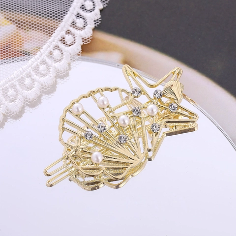 Pinza para el Cabello de Aleación Dorada Estilo Oceánico Con Perlas Artificiales de Imitación Diamantes de Imitación Estrella de Mar Concha para Mujer Joyas de Verano