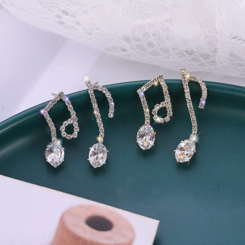 Asymmetric Musical Note Stud Earrings For Women With 925 Sterling Silver Post Rhinestone Inlaid Alloy Music Note Jewelry Gold Silver