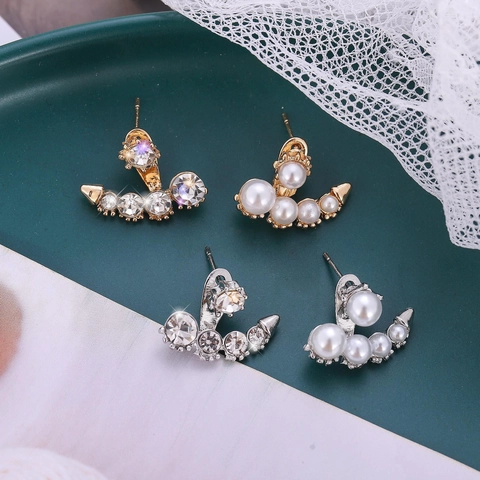 Elegante Asymmetrische Halve Maan Parel Strass Oorknopjes Voor Vrouwen Legering Goud Zilver Mode Dagelijkse Sieraden Cadeaus