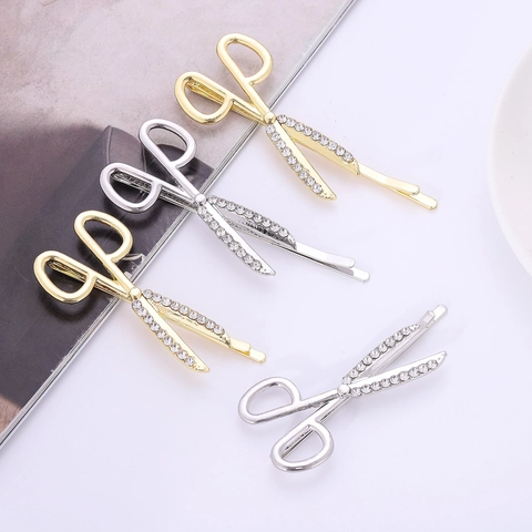 Pinces À Cheveux Créatives Forme De Ciseaux Alliage Strass Barrettes Décoratives Mode Individuelle Accessoires De Coiffure Femmes Quotidien Fête