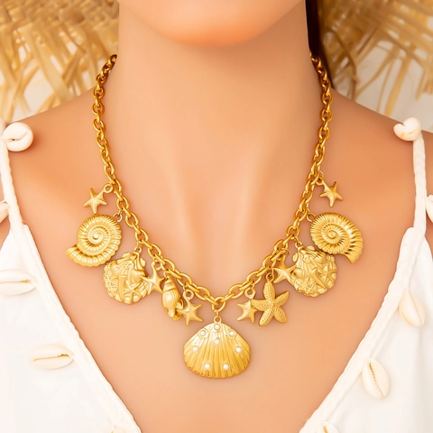 Collana Pendente in Acciaio Inossidabile Placcato Oro 18K Tema Marino Stella Marina e Conchiglia Con Perla de Agua Dulce Gioielli Spiaggia Donna