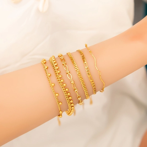 Minimalist 18K Gold Plated Stainless Steel Bracelet For Women Exquisite Wave Geometric Figaro Cuban Link Chain Jewelry