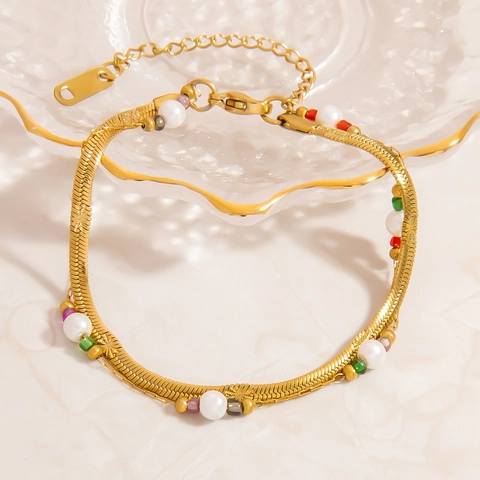 Bracciale Multistrato in Acciaio Inossidabile per Donna Placcato Oro Perla Artificiale Bracciale di Perline Colorate Gioielli Cuore